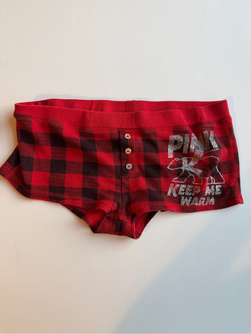 PINK Victoria's Secret Red and Black Plaid Boyshorts with Silver Logo